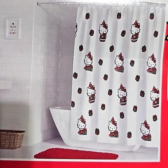 Hello Kitty Christmas Shower Curtain Red & Green HK with Presents 72" x 72" - Picture 2 of 3